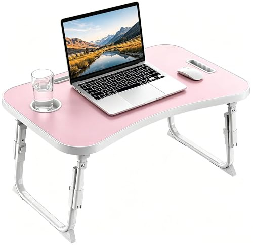 MeisterPro Laptop Table Height Adjustable, Foldable Bed Desk with Cup Holder & Phone Slot, Portable Lap Tray for Working, Eating, and Reading, 60 x 40 x 25-31 cm (Pink)