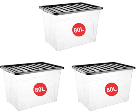 RelianceUK 3 X 80L Plastic Storage Boxes with Black Lid - (80 Litre / 3 Pack) Nestable, Stackable, Durable Clear Storage Boxes with Lids for Home Office Kitchen - Made in U.K. Storage Containers