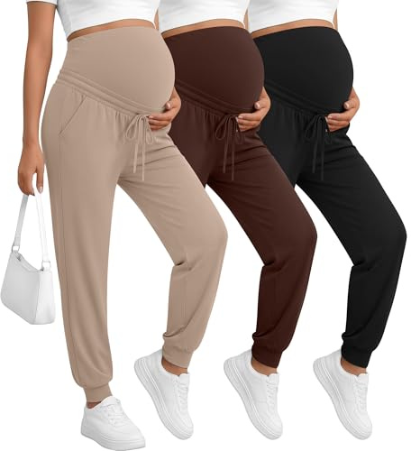 Sweetyweee 3 Pack Women's Maternity Pants Over Belly Pregnancy Lounge Pants Loose Drawstring Maternity Joggers with Pockets(Khaki, Dark Brown, Black,Large)