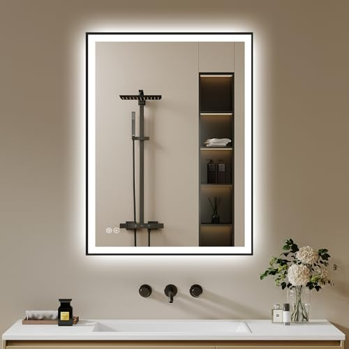 Badspiegel-mit-Beleuchtung 50x70cm - Badezimmerspiegel LED Badezimmer Spiegel mit Beleuchtung - Beschlagfrei, Dimmbar, 3 Lichtfarben, Led-Spiegel-Bad Schwarz Metallrahmen Horizontal/Vertikal
