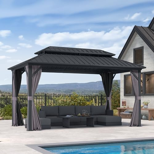 PURPLE LEAF - Cenador de jardín exterior de aluminio, 4,25 x 2,4 m, Pérgola de jardín exterior con doble techo rígido de acero galvanizado, pabellón con cortinas y mosquitero para terraza, barbacoa
