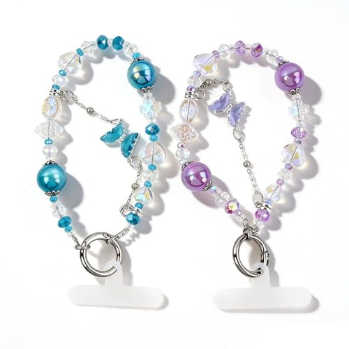 2Stück Handykette Kurz Perlen Handyanhänger-Universal Handy Handschlaufe Handgelenk für Damen Mädchen,Phone Charm Anti-Verlust Handyband Mit Lila Blau Schmetterlinge,2 Handy-Tabs für Taschen Schlüssel