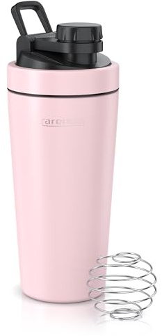 Arendo - Eiweiß Shaker Edelstahl 750ml, Protein Shaker mit Mixkugel, BPA frei, Mixbecher, Metall Premium Eiweißshaker, Tragegriff, Spülmaschinengeeignet, To Go für Yoga Fitness Sport, Rosa