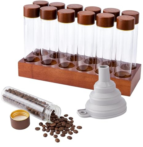 DICOSMETIC 12 barattoli per caffè a dose singola, con supporto in legno e imbuto, ermetici, in vetro borosilicato, per cucina, ufficio e caffè (18 23 g per bicchiere)