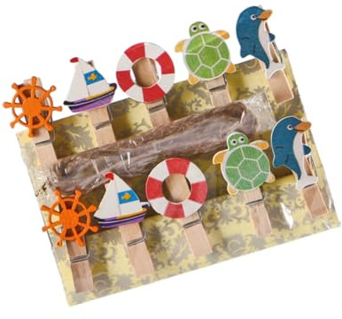 KJHBV Pinzas de Madera para Ropa con Forma de Animal Marino y Timón de 10 Piezas con Cordel de 2m, Resistentes y Multifunción para Colgar Fotos y Manualidades