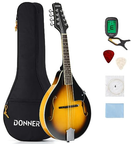 Donner Mandoline Instrument A Style Mandoline mit 8 Saiten Anfänger Erwachsene Mahogany Tasche Tuner Plektren Sunburst (DML-1)
