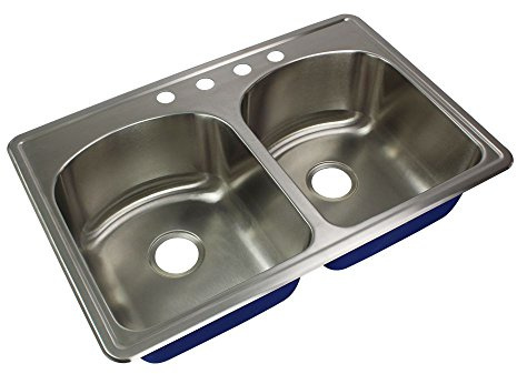 Transolid MTDD33229-4 Meridian 4-Hole Drop-in 50/50 Double Bowl 16-Gauge Stainless Steel Kitchen Sink, 33-in x 22-in x 9-in, Brushed Finish
