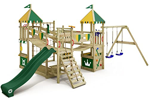 WICKEY Parque Infantil Castillo Smart Queen con Columpio, Lona Verde-Amarilla y Tobogán Verde, Torre de Escalada para Niños al Aire Libre con Arenero, Escalera y Accesorios de Juego para el Jardín