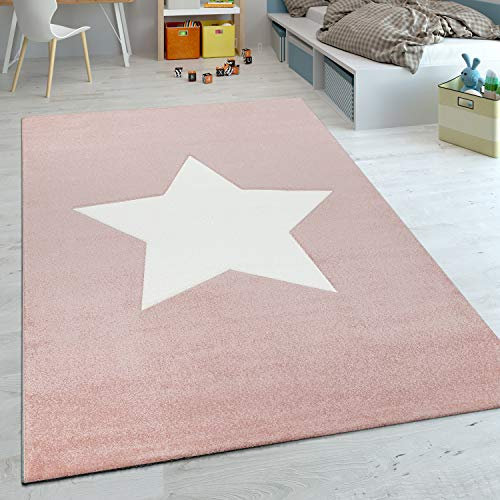 Paco Home Alfombra Habitación Infantil Niña Moderna Gran Estrella En Rosa Pastel Y Blanco, tamaño:80x150 cm