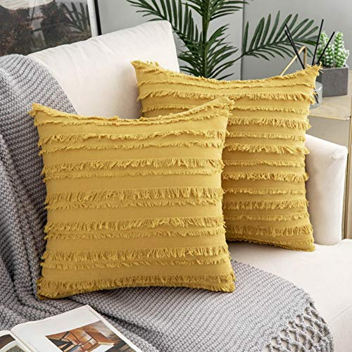 Woaboy Dekorative Kissenbezüge, gestreift, Boho-Kissenbezüge, quadratisch, Landhaus-Stil, Kissenbezüge für Couch, Bett, Sofa, Wohnzimmer, 40 x 40 cm, Gelb, 2 Stück