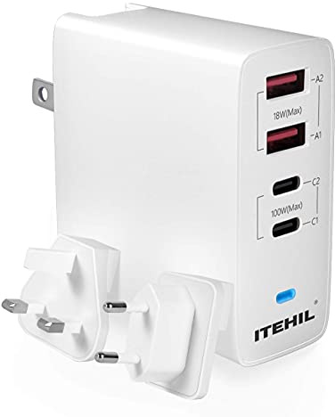 ITEHIL 100W 4-Port Fast PD Charger, Portable Type C Charger with Foldable Plug for iPhone 12/12 Pro Max/AirPods Max/iPad/MacBook/Samsung and More