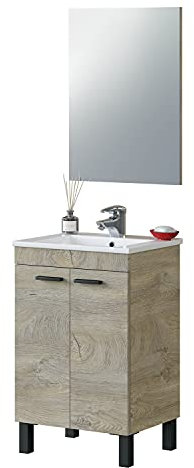Habitdesign Mobile da bagno con 2 ante e specchio, modulo lavabo, modello PM, finitura in rovere alaska, dimensioni: 50 cm (larghezza) x 80 cm (altezza) x 40 cm (profondità)