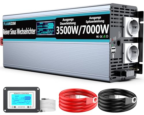 FLAMEZUM 3500W/7000W Wechselrichter 24V auf 230V Reiner Sinus Spannungswandler Konverter Inverter mit 2 EU Steckdose und 2 USB Port - LED Anzeige und Fernsteuerung