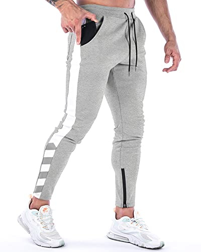 MakingDa Tracksuit Bottoms Men Slim Fit Tapered Joggers Gym Pants Skinny Sweatpants Running Training Sports Trousers with Ankle Zippers-3-Grey-S