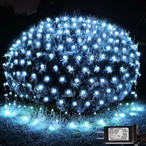 OYCBUZO 300LED White Net Lights, 14.8ft x 5ft Connectable Christmas Outdoor Mesh Lights with 8 Lighting Modes, Waterproof Fairy Lights Plug in for Bushed Xmas Tree Holiday Party Garden Decoration