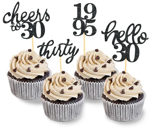 24 Stück Glitzer 30. Geburtstag Cupcake Topper Geburtstagsdeko von 1995 für 30 Geburtstagsfeier Zubehör Party Dekoration Kuchendekoration (Schwarz)