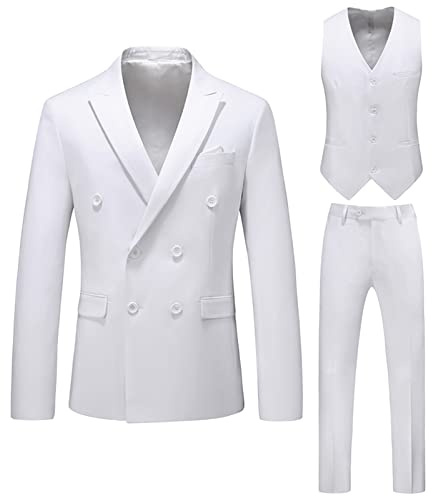 Men's 3 Piece Slim Fit Suit Set Double Breasted Solid Jacket Vest Pants Vintage Wedding Party Dress Blazer Sets (White,X-Large)