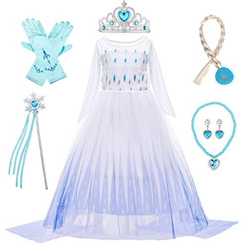 LOBTY Mädchen Elsa Prinzessin Kleid mit Accessoires Schneekönigin 2 Verkleidung Kinder Prinzessin Kleid Weihnachten Geburtstag Party Halloween Karneval Cosplay Kostüm Weiß, 110