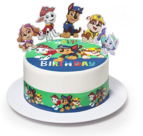 Kardasis Pat Patrouille Disque Sucre 20cm Déco Gâteau 5 Figurines | Disque sucre comestible Pat Patrouille 20cm avec 3 bandes 28x5cm et 5 figurines papier pour décoration gâteau anniversaire