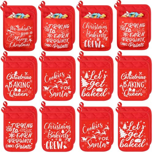 WILLBOND 24 Stück Weihnachts-Topflappen mit Tasche, lustige Topflappen für Küche, hitzebeständige Ofen-Pads, Handschuhe, Topflappen zum Backen und Kochen (Weihnachten)
