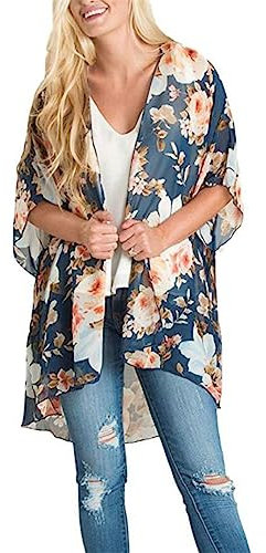 Damen Blumendruck halbe Ärmel Schal Chiffon Kimono Strand Cardigan Bikini Cover Up Wrap Strand Mantel Dunkelblau S