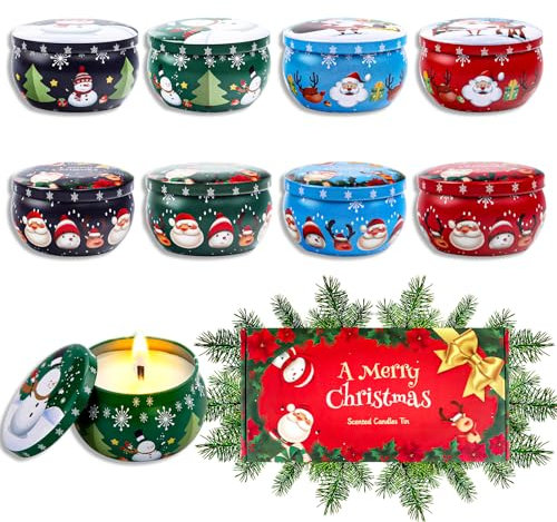 8 barattoli per candele natalizie, 2,2 oz, contenitori per candele, rotondi, mini contenitori in metallo con coperchio, set regalo di Natale, per feste di Natale, caramelle, spezie, candele fai da te