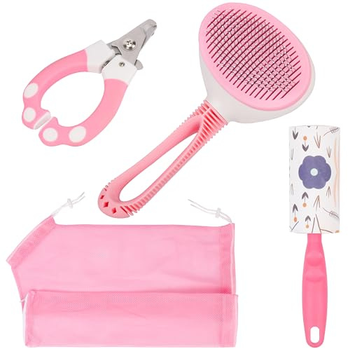 Belle Vous Rosa All-in-One Haustierpflege Set - Badenetz, Fusselrolle Tierhaare, Selbstreinigende Katzen-/Hundebürste Langhaar/Kurzhaar und Krallenschere für Hunde & Katzen
