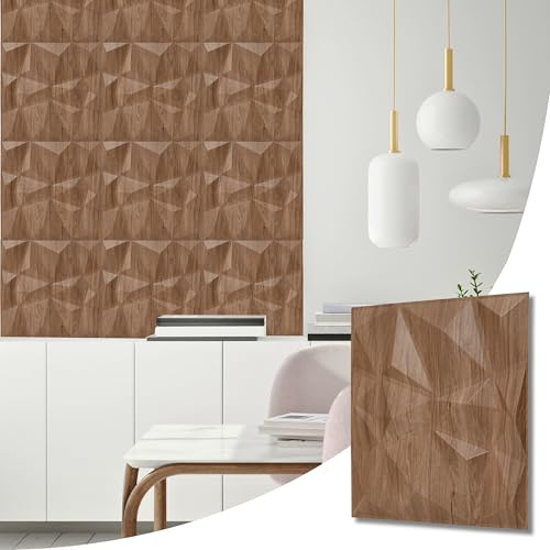 NOVECRAFTO Wooden Diamond Effect 3D Wall Panels - 14 Sheets Covering 3.5 sqm | 37.67 sqf Interior Cladding Panels Set | 3D Wall Tiles Diamond Design in Matte Wooden - Each Panel Size 19.6 x 19.6