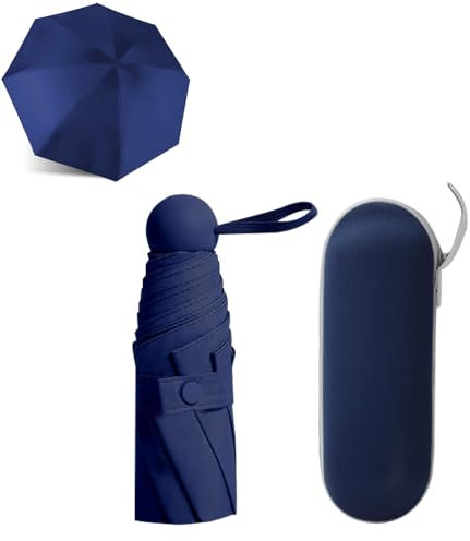 dogmoon Reise Regenschirm, 8 Ribs Falten Reise Regenschirm mit Kapsel Fall, Taschenschirm für Männer Frauen(Blau)