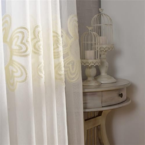 KEKUYA 2er-Set Voile Dekoschal Ösenvorhang,Gardinen Lichtdurchlässig Paneele Vorhänge für Schlafzimmer WohnzimmerSonnenblume B140×H260cm