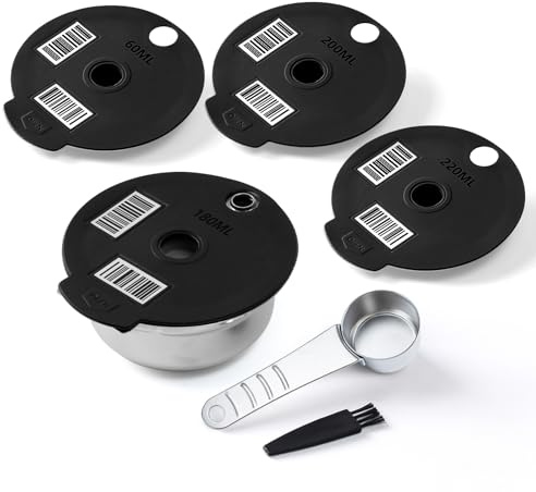 RECAFIMIL Mehrweg-Kaffeekapseln kompatibel mit Bosch Tassimo Maschinen Nachfüllbare Edelstahl-Kaffeekapsel mit 4 schwarzen Silikondeckeln (60/180/200/220 ml)