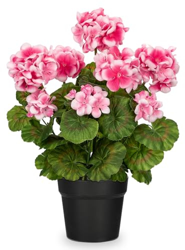 Briful Artificial Geranium Potted Plant – 16” Tall, Realistic Silk Flowers with Vibrant Green Leaves, Pink White Geraniums Fake Flowers for Outdoors Home Décor, Wedding Farmhouse Office Tables Decor