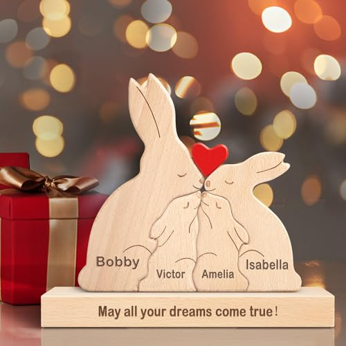 Personalisiertes Holzkunstpuzzle der Kaninchen Familie mit 1-8 Namen, benutzerdefinierte Familienname Skulptur Jigsaw, Tier Dekorativ Ornament Ideen für Geburtstag Weihnachten Jubiläum Muttervatertag