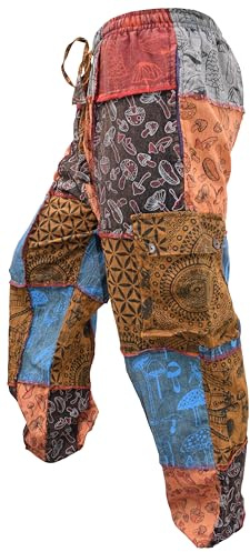 Gheri Pantaloni da uomo in cotone con stampa a fungo patchwork casual vestibilità ampia harem gamba larga hippy pantaloni, Toppa a fungo, L