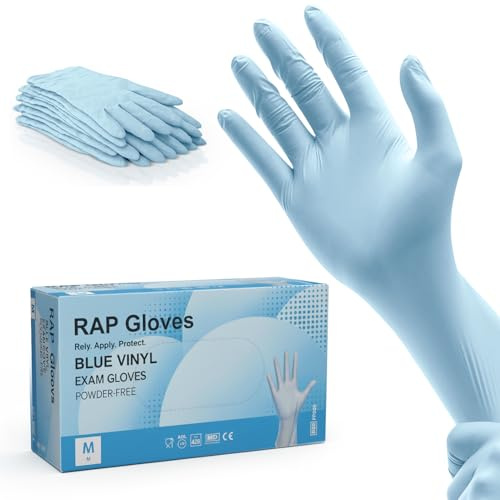 RAP Gloves Blue Vinyl Disposable Examination Gloves Latex-Free Powder-Free Examination Gloves for Medical Industrial Protein Free Food Household and Multi Use (M - Pack of 100)