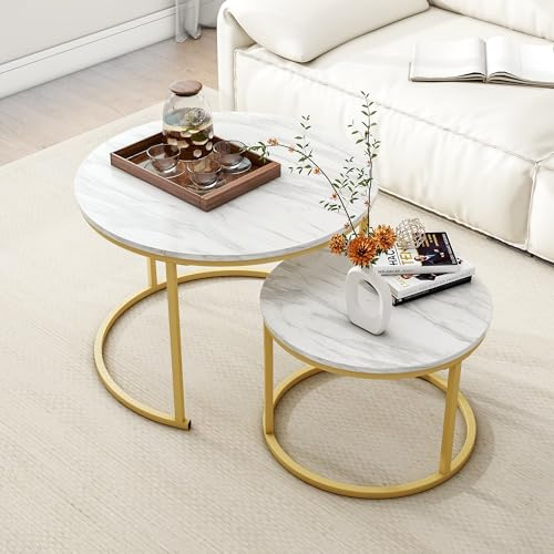 HOJINLINERO Round Coffee Table Set of 2,Nest of Tables,Coffee Tables for Living Room,Wooden Coffee Table with Storage & Gold Metal Frame,Modern Side Sofa Nesting Tea End Table Living Room,White