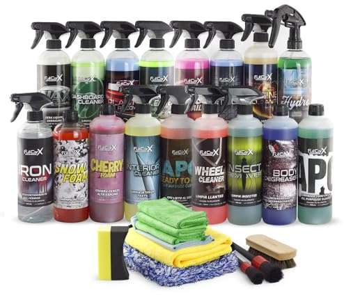 FULLCARX Super Kit Detailing Nettoyage Voiture Extérieur Intérieur avec Accessoires, 17 Produits Professionnels Nettoyant Jantes Shampoing Cire Plastique Tableau Bord Insectes Moteur APC, Pack Complet