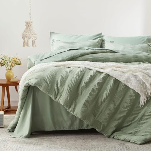 Freyamy Seersucker - Copripiumino 140 x 200 cm, 1 federa 65 x 65 cm, goffrato a righe, strutturato, colore: Verde salvia e 100% microfibra, set copripiumino per adulti, ragazza con chiusura