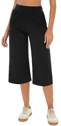 Crewhpo Pantalones Chándal Mujer 3/4 Capri Pantalón Verano con Bolsillos | Cintura Alta, Elástica, Pierna Recta, Pernera Amplia, Tacto Suave, Tejido Flexible, Yoga, Fitness, Jogger, Correr