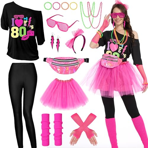 Aragallant 80er Jahre Outfit Damen, Mottoparty 80er Jahre Kostüm, Karneval Kostüm mit T-Shirt, Tutu, Stirnband, Gürteltasche, Ohrring, 80er Neon Party Kostüm für Mädchen
