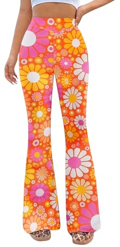 EVELUST 70-tal utsvängda byxor för kvinnor – maskeraddräkt vuxen rave festival kläder breda ben leggings hög midja hippie klocka botten disco kostym yogabyxor, Tusensköna Orange, M