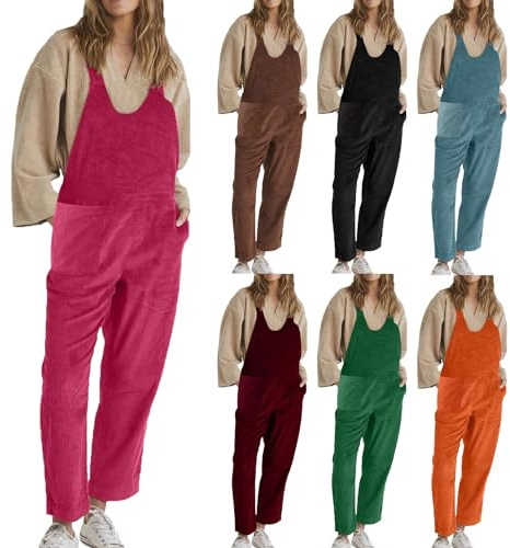 Cord Dungarees Women's Long Jumpsuits with Pockets Sleeveless Overall Vintage Dungarees Baggy Casual Work Trousers Oversize Bib Shorts Loose Fit Overalls Regular Fit Playsuit Trousers, sky blue, M