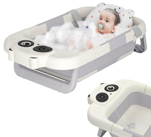 TWOLIIN Baby Badewanne mit Integriertem Thermometer und Kissen Faltbar Babywanne Klappbare Babybadewanne Duschwanne Rutschfeste Faltbadewanne für Neugeborene Kleinkinder (Typ A, Panda)