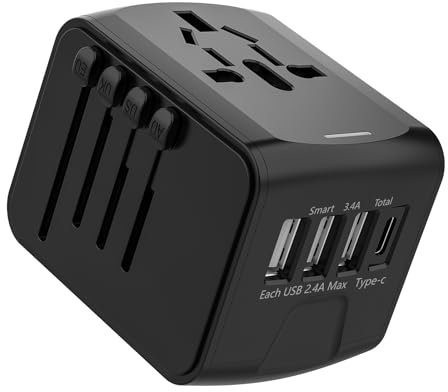 Enchufe Universal, Adaptador de Viaje para más de 170 Países con 3 USB A y 1 USB C, para USA, UK, Europa, Asia y Australia, Universal Travel Adapter, Negro
