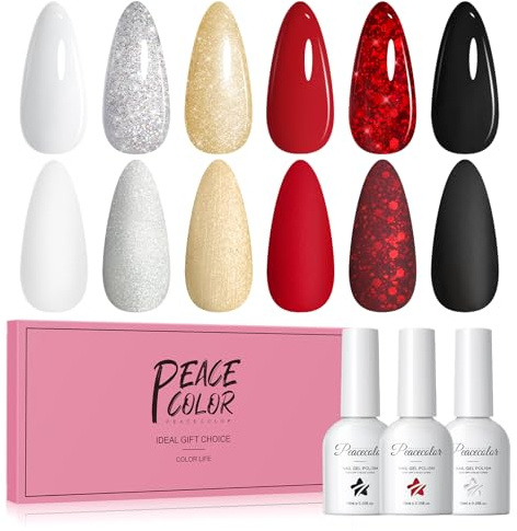 PEACECOLOR 6 Farben UV Nagellack Set 10ml Soak Off UV Nägel sets Weiß Rot Schwarz Silber Goldene Gel Nail Polish Set für Nagelstudio und DIY zu Hause