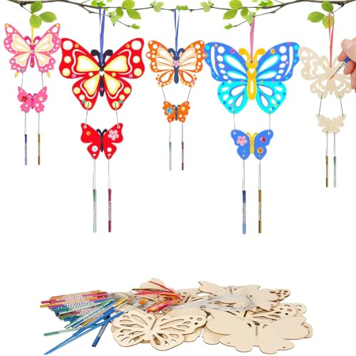 12 Pack Wind Chimes for Garden, Kit for Kids Make You Own Butterfly Decorations Wind Chime Ornaments DIY Coloring Wooden Art and Craft for Spring Art Activities Birthday Party Spring Crafts for Kids