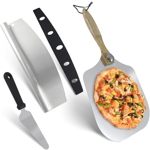 Holzsammlung Aluminum Pizza Peel 12 Inch, Pizza Spatula Paddle(30.6 X 30.5 cm) with Foldable Wooden Handle, Pizza Cutter, Pizza Oven Accessories for Baking Pizza, Bread & Pastry - A