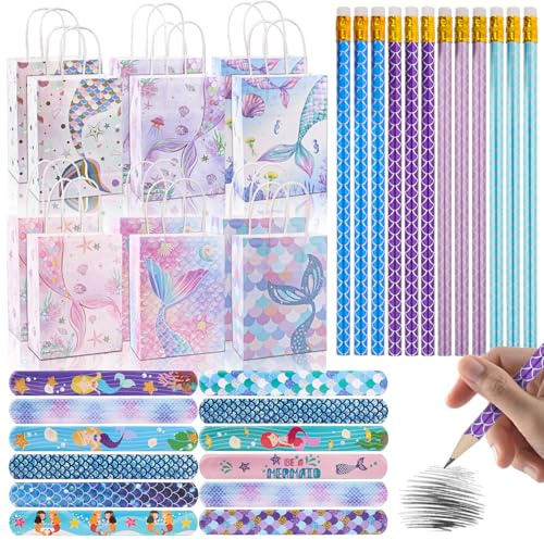 Ezydka Meerjungfrau Mitgebsel Kindergeburtstag Pinata Party Give Away Set | 12 Bleistift 12 Meerjungfrauen Geschenktüte 12 Schnapparmband für Geburstag Party Geschenke Mädchen