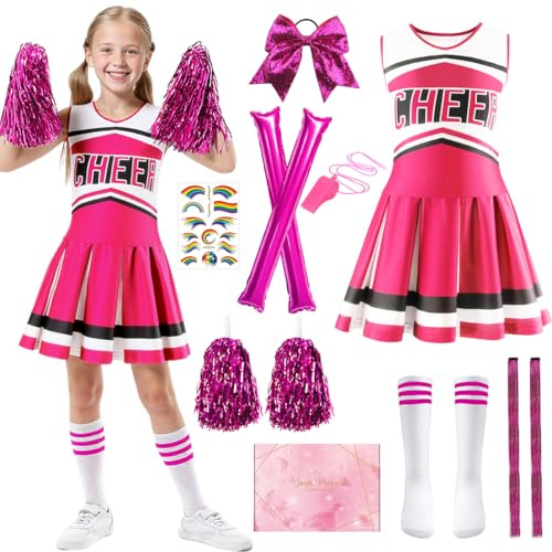 TOSZOLY Vestito Cheerleader Bambina, Vestito Costume Uniforme da Cheerleader con Pompones, Bastoni Gonfiabili e Altri Accessori, Costume per Bambina Adatto per Halloween e Carnevale, Rosa, 140