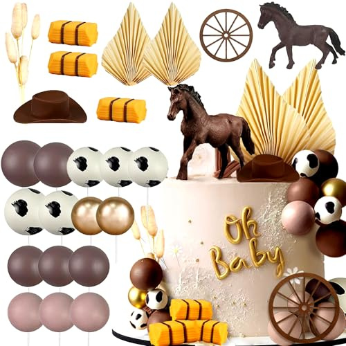 28PCS Cowboy Rodeo Cake Topper Cowboy Western Horse Cake Decorations Cowgirl Hat Birthday Decor Cowgirl Boots Decor Cow Balls Cake Topper